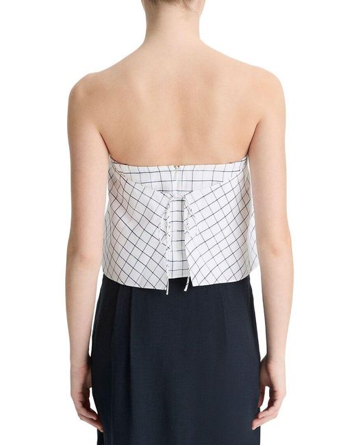 Vince Blue Linen-Blend Trellis Plaid Tie Top