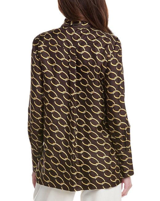Oscar de la Renta Brown Tie-Neck Chain Print Silk Blouse