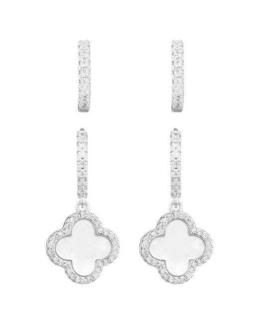 Adornia White Plated Cz Halo Clover Huggie Earrings Set