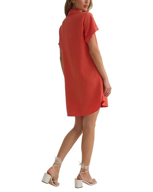 Bella Dahl Red Roll Sleeve Pocket Linen-Blend Shirtdress