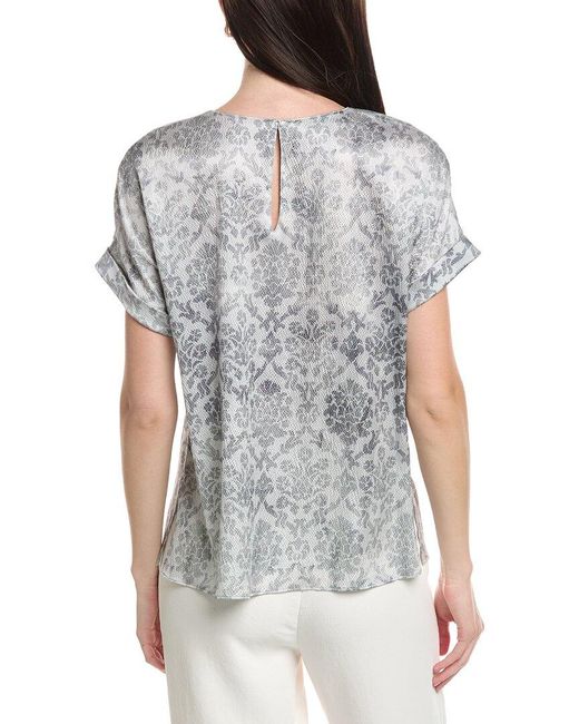 Lafayette 148 New York Gray Cuffed Short Sleeve Silk-Blend Blouse