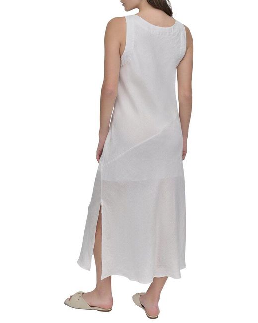 DKNY Gray V- Neck Linen Midi Dress