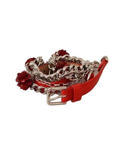 Dolce & Gabbana Red Leather Roses Floral Waist Belt