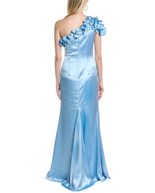 Rene Ruiz Blue One-Shoulder 3D Motif Column Gown