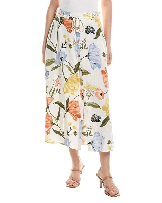Ellen Tracy Multicolor Button Front Flared Linen-Blend Midi Skirt