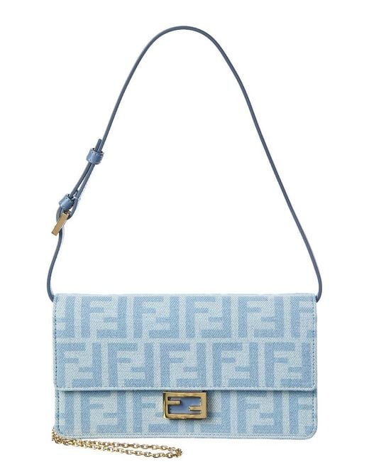 Fendi Blue Baguette Ff Denim & Leather Wallet On Chain