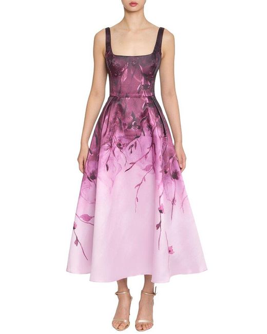 Marchesa Purple Floral Printed Mikado Midi Dress