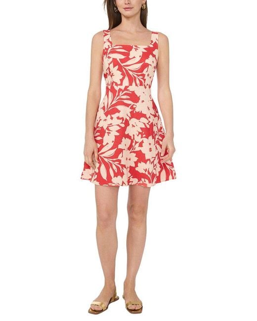 Vince Camuto Red Linen-blend Sleeveless Floral A-line Dress