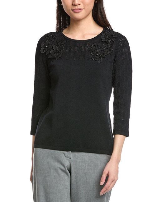 Anne Klein Black Pointelle Stitch Yoke Top
