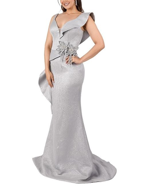 Terani White Side Ruffle Collar Solid Maxi Dress