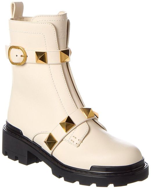 Valentino Valentino Garavani Roman Stud Leather Combat Boot in Ivory