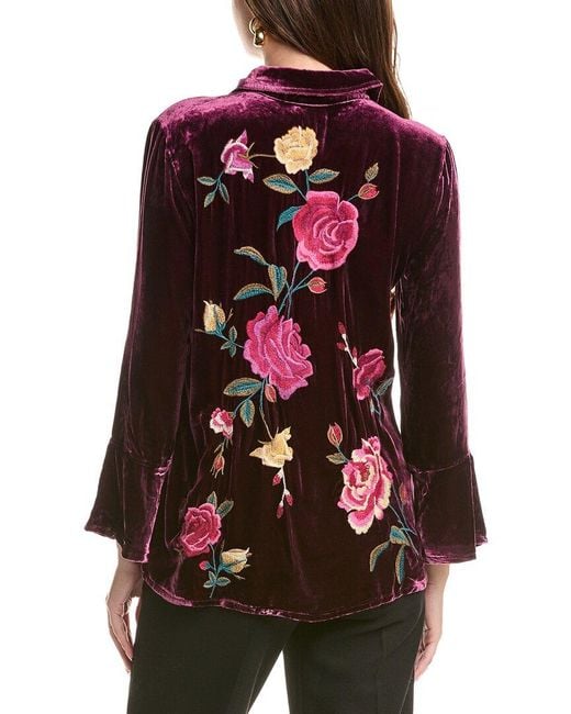Johnny Was Red Flounce Sleeve Velvet Silk-Blend Shirt