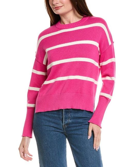 Hannah Rose Pink Drop Shoulder Stripe Crewneck Cashmere-Blend Sweater