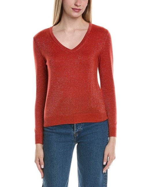 Sofiacashmere Red Lurex V-Neck Wool & Cashmere-Blend Sweater