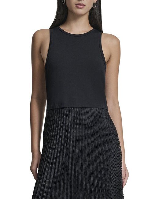 DKNY Black Mix Media Pleated Windowpane Dress