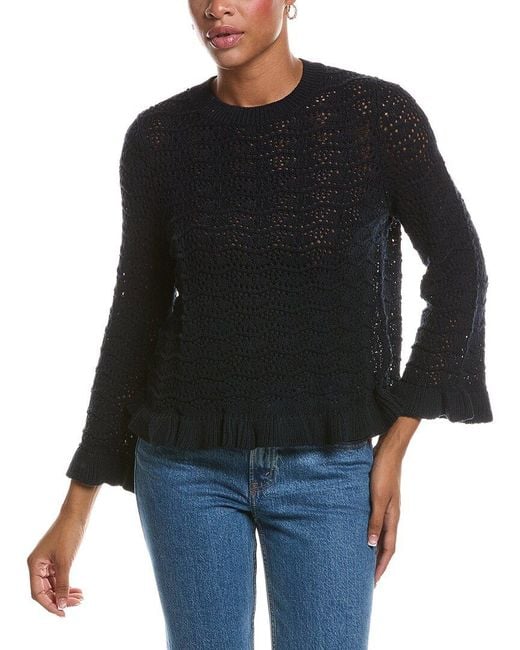 Autumn Cashmere Black Pointelle Ruffle Edge Crewneck Sweater