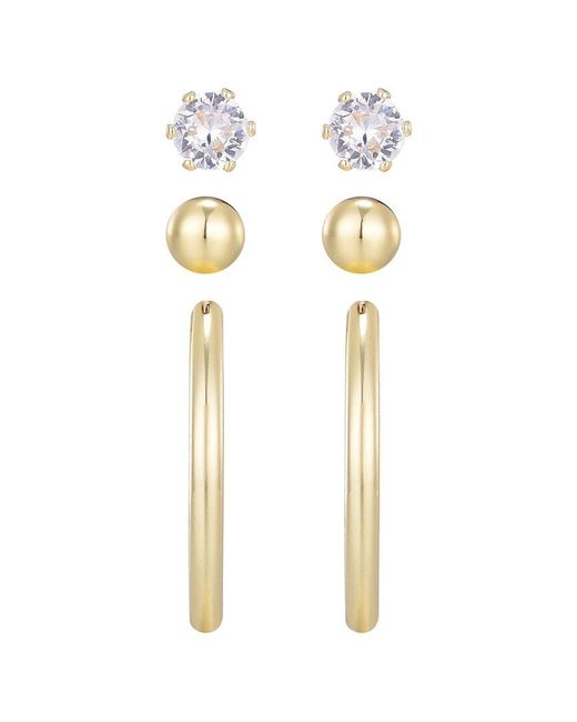 Adornia White 14K Plated Hoop, Solitaire & Ball Stud Earrings Set