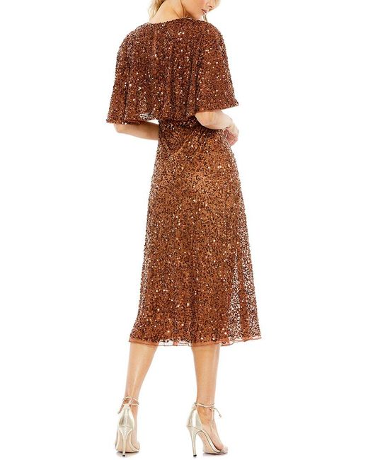 Mac Duggal Brown Embellished Cape High-Neck Midi Dress