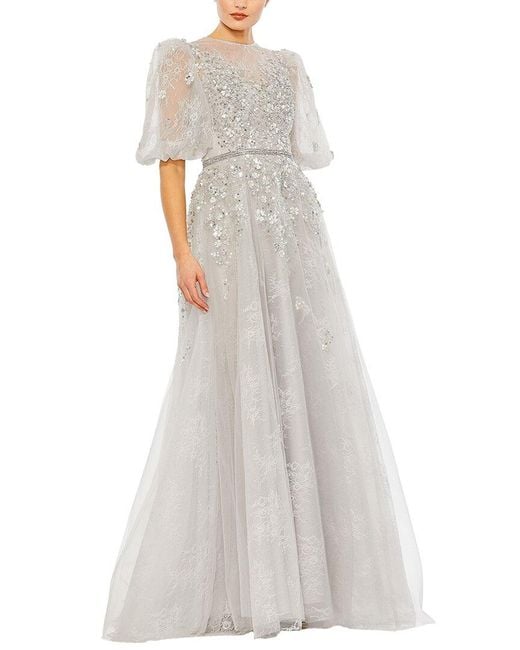 Mac Duggal White Embellished Puff Sleeve A-Line Gown