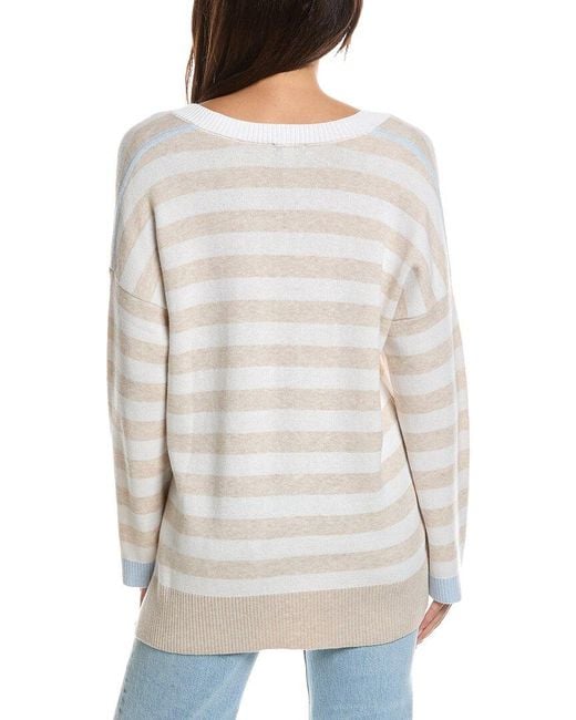 Forte White High-Low Stripe V-Neck Cashmere-Blend Sweater