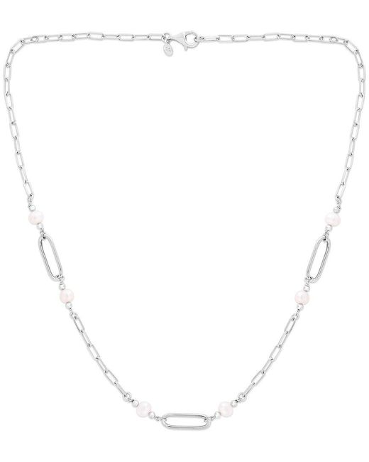 Italian Silver White Piazza Di Spagna 3-4Mm Pearl Paperclip Link Station Necklace