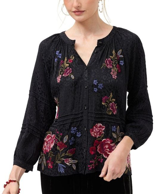 Johnny Was Black Pintuck Raglan Button Up Shirt