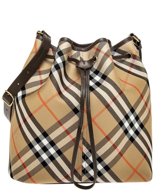 Burberry Check Medium Leather-trim Bucket Bag in Metallic