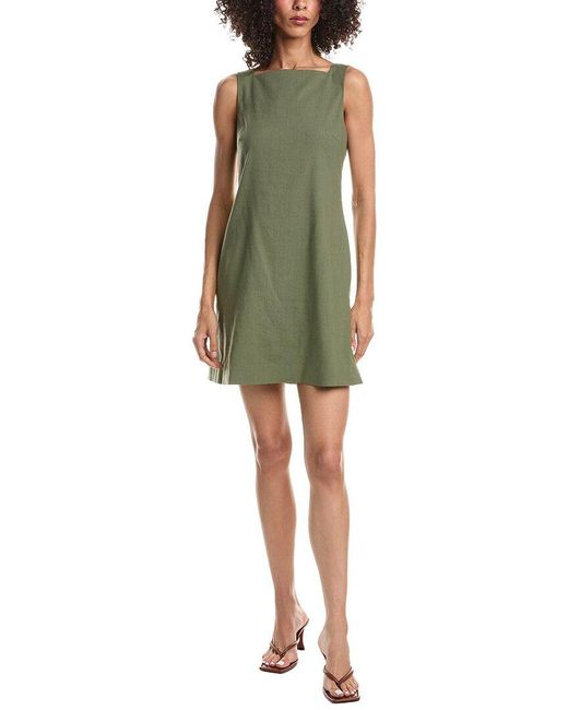 Theory Green High Square Neck Linen-Blend Mini Dress