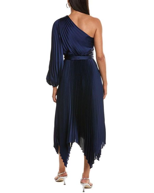 MILLY Blue Essi Solid Pleated One-Shoulder Maxi Dress