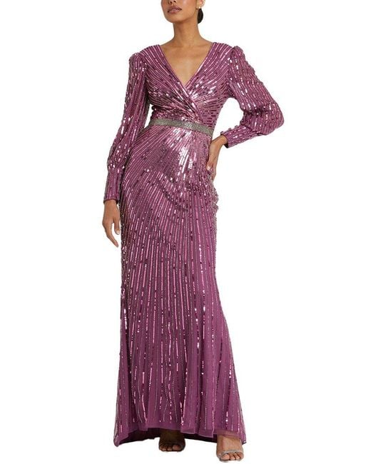 Mac Duggal Purple Sequined Wrap Over Bishop Sleeve Gown