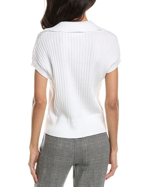 Forte White Rib Cap Sleeve Polo Sweater