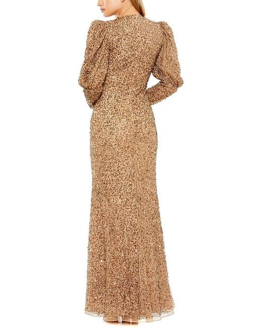 Mac Duggal Natural Puff Sleeve Beaded Gown