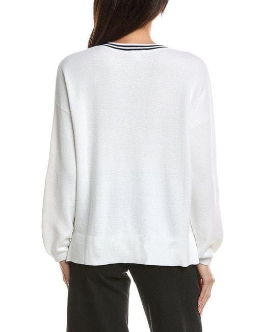 Forte White Gathered Sleeve Split Neck Cashmere-Blend Sweater