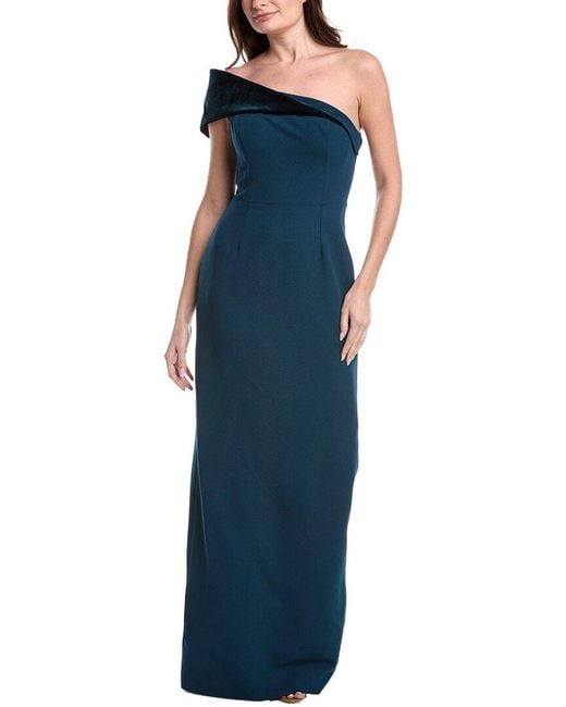 Teri Jon Blue Crepe Off Shoulder Velvet Bow Back Gown