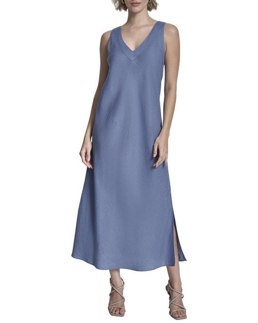 DKNY Blue V-Neck Panel Linen Dress