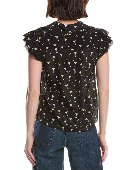 Alice + Olivia Black Martel Flutter Sleeve Silk Blouse