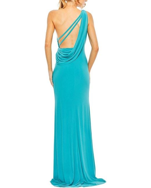 Mac Duggal Blue Jersey One Shoulder Draped Back Gown