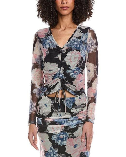 Laundry by Shelli Segal Blue Bouquet Printed Ruched Mesh Top