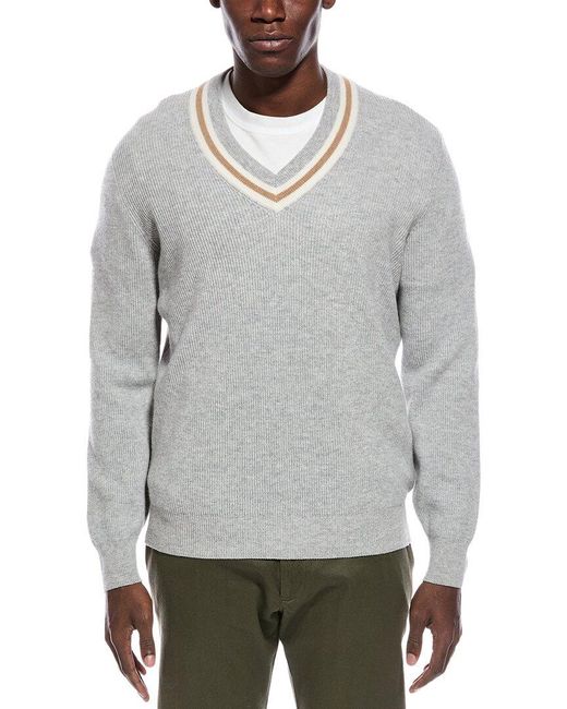 Brunello Cucinelli Gray Cashmere V-Neck Sweater for men