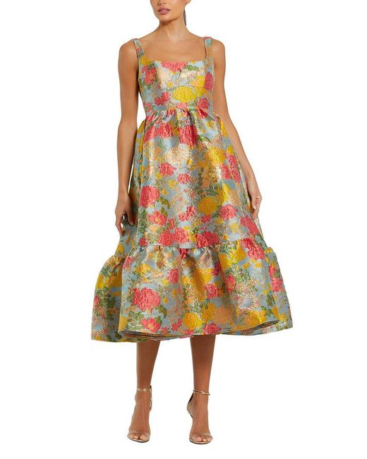 Mac Duggal Yellow Brocade Floral Midi Dress