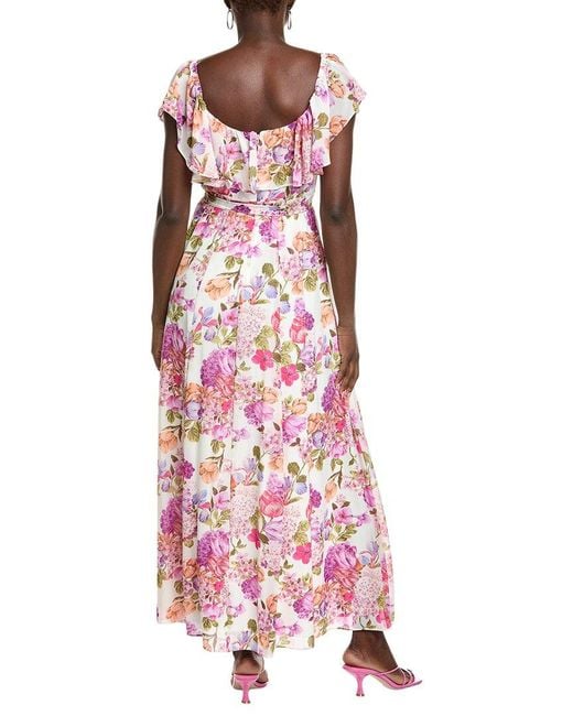 Maison Tara Red Printed Chiffon Crepe Short Sleeve Maxi Dress