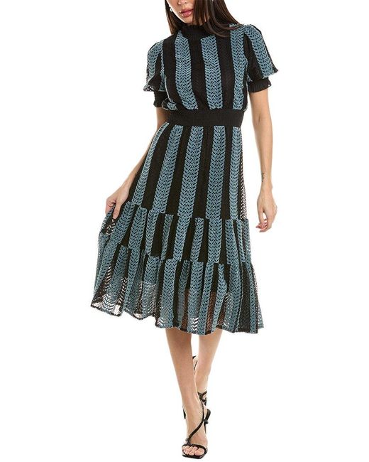Gracia Green Turtleneck Smocked Stripe Midi Dress