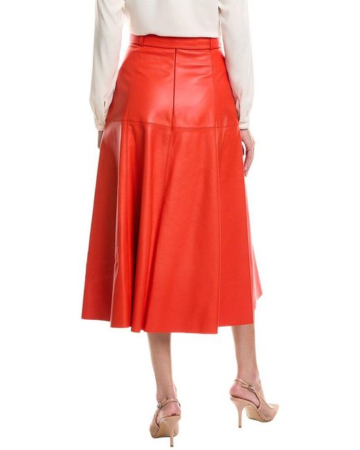 Oscar de la Renta Red Silk-Lined A-Line Leather Skirt