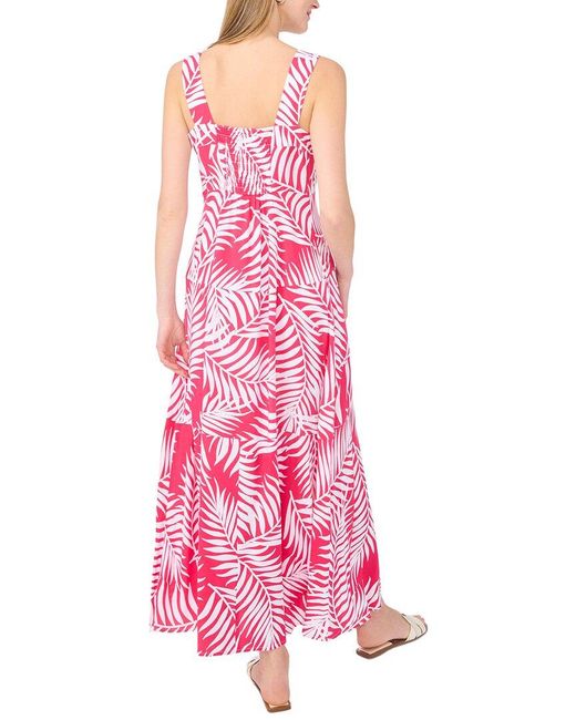 Vince Camuto Pink Tropical-print Smocked Back Tiered Sleeveless Maxi Dress