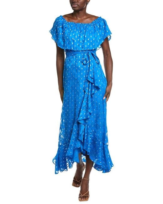 Maison Tara Blue Clip Chiffon With Foil Short Sleeve Midi Dress