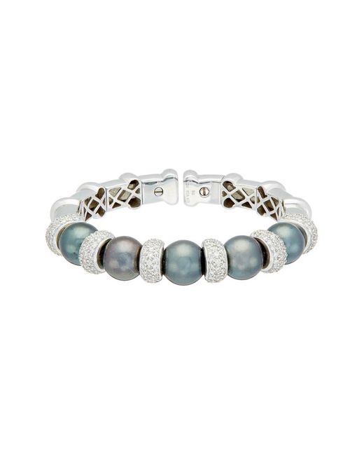 Diana M White Fine Jewelry 18K 3.5 Ct. Tw. Diamond & 11-12Mm Pearl Cuff Bracelet