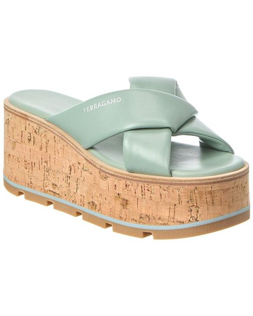 Ferragamo Blue Engracia Leather Wedge Sandal