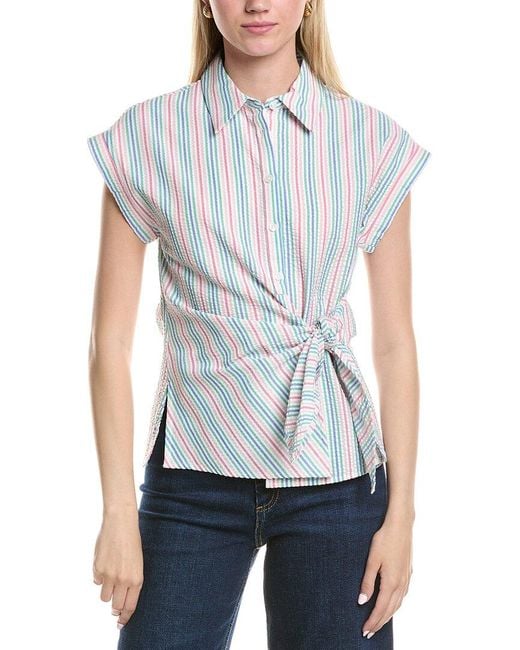Jones New York Blue Seersucker Wrap Top