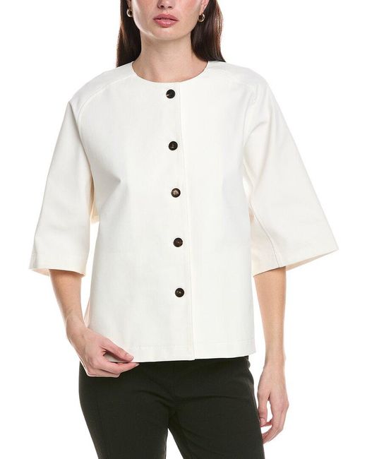 Lafayette 148 New York White Three-Quarter Sleeve Collar Shirt