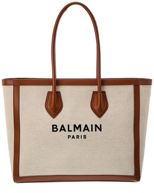 Balmain Brown Logo Medium Leather & Canvas Tote